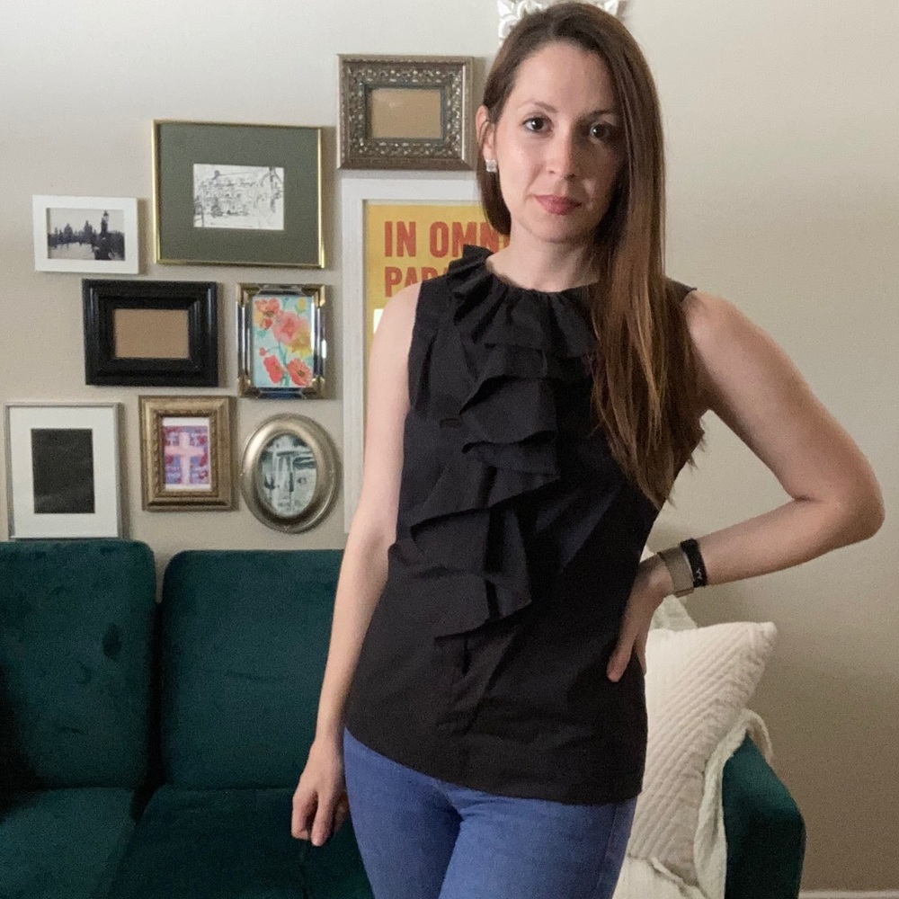 Diane Von Furstenberg Black Ruffle Blouse Sz. 4 - Picture 2 of 5